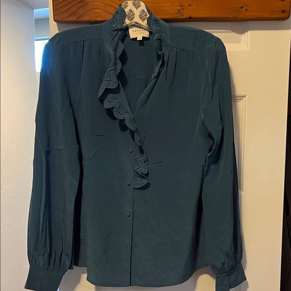 Sezane Teal Ruffle Blouse